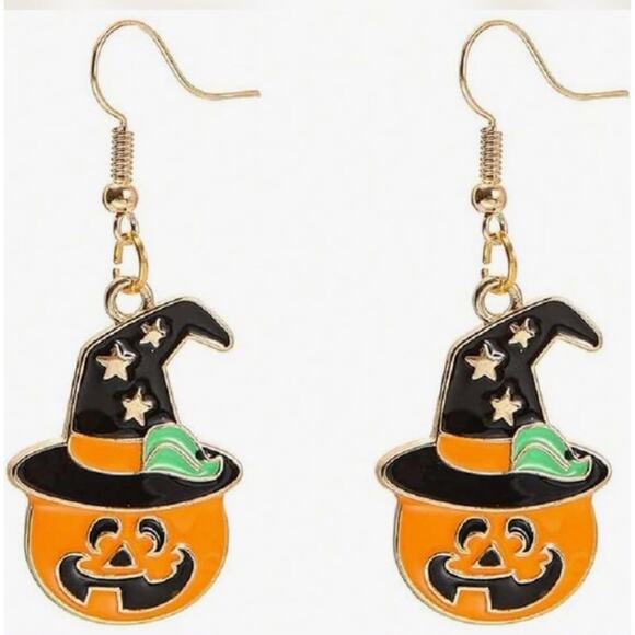 Pumpkin Earrings with Witch Hat - Halloween Jack O Lantern Dangle Jewelry - Picture 1 of 1